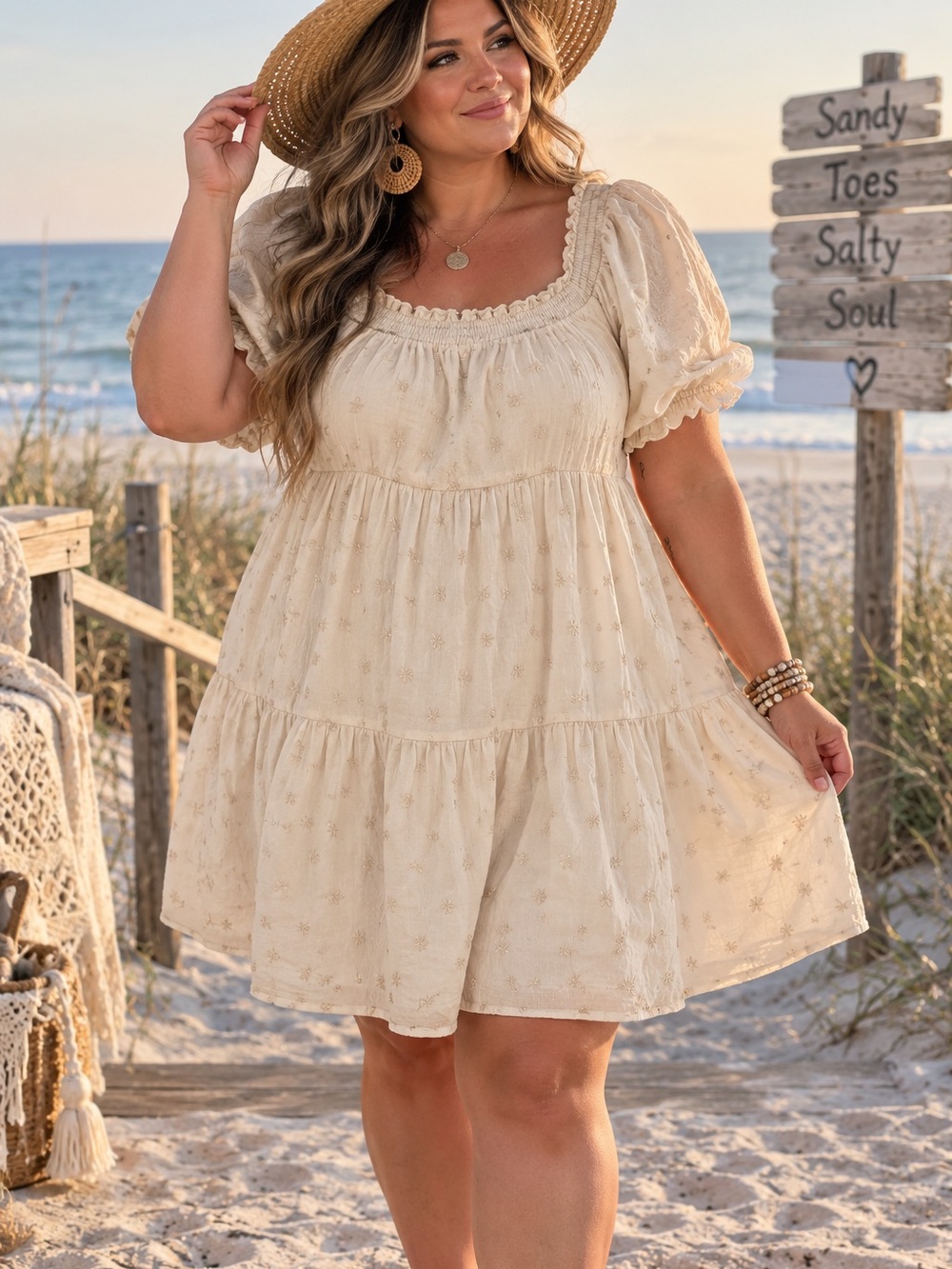 Old Navy Cream Tiered Puff-Sleeve Square-Neck Mini Dress